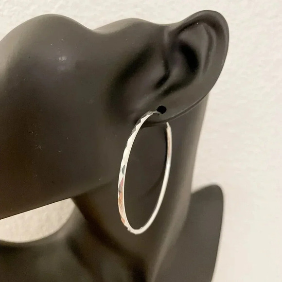 925 Sterling Silver Hoop Earrings Large Silver Hoops Diamond Cut Earrings - Picture 6 of 8